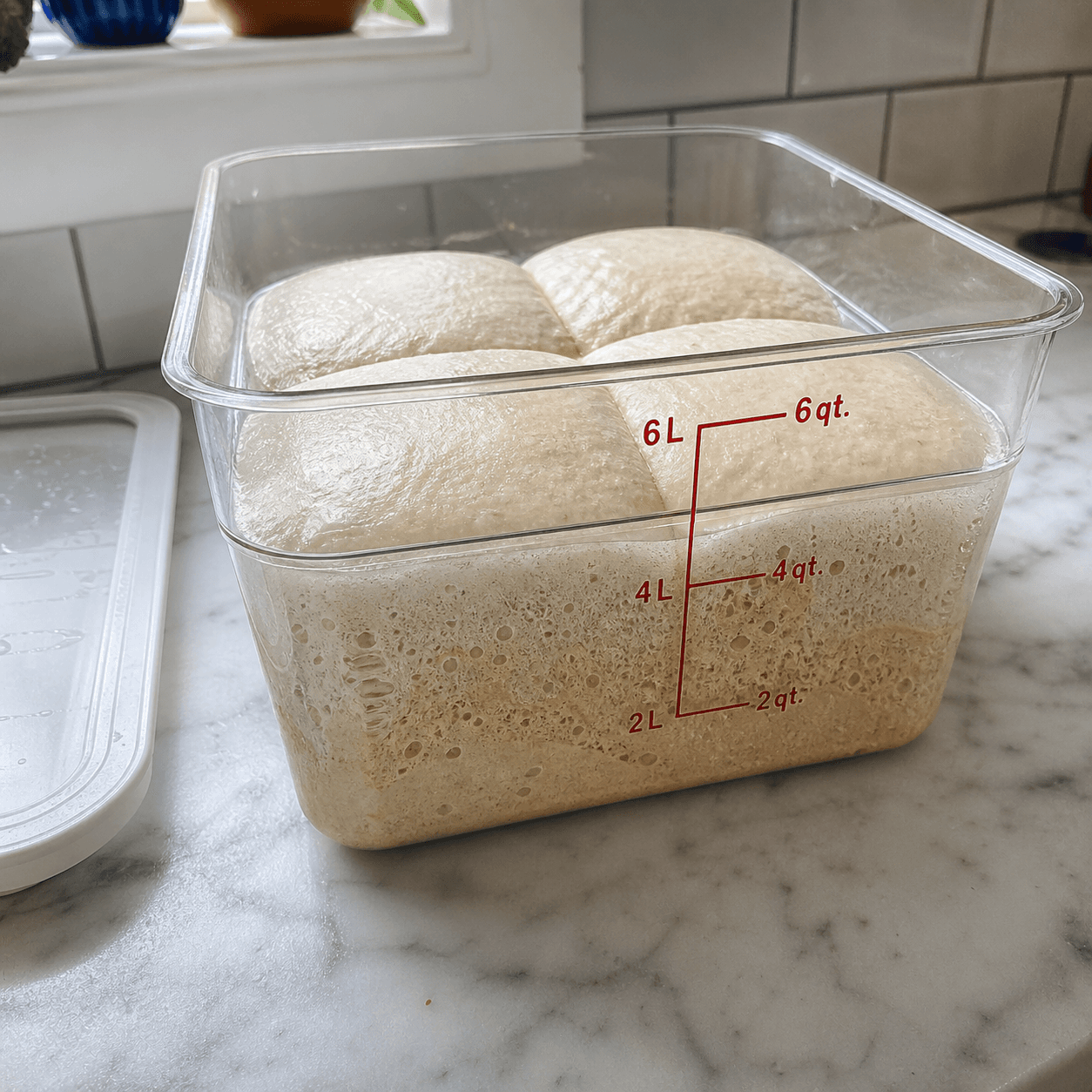 Day 3 of cold ferment, bubbles for days. Yeasty smell when I cracked the fridge — you know it's right.